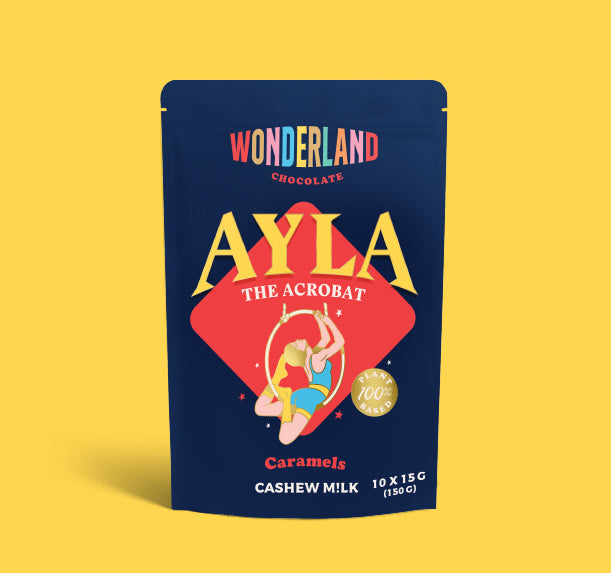 Ayla the Acrobat Dairy Free Caramels infront of yellow backround